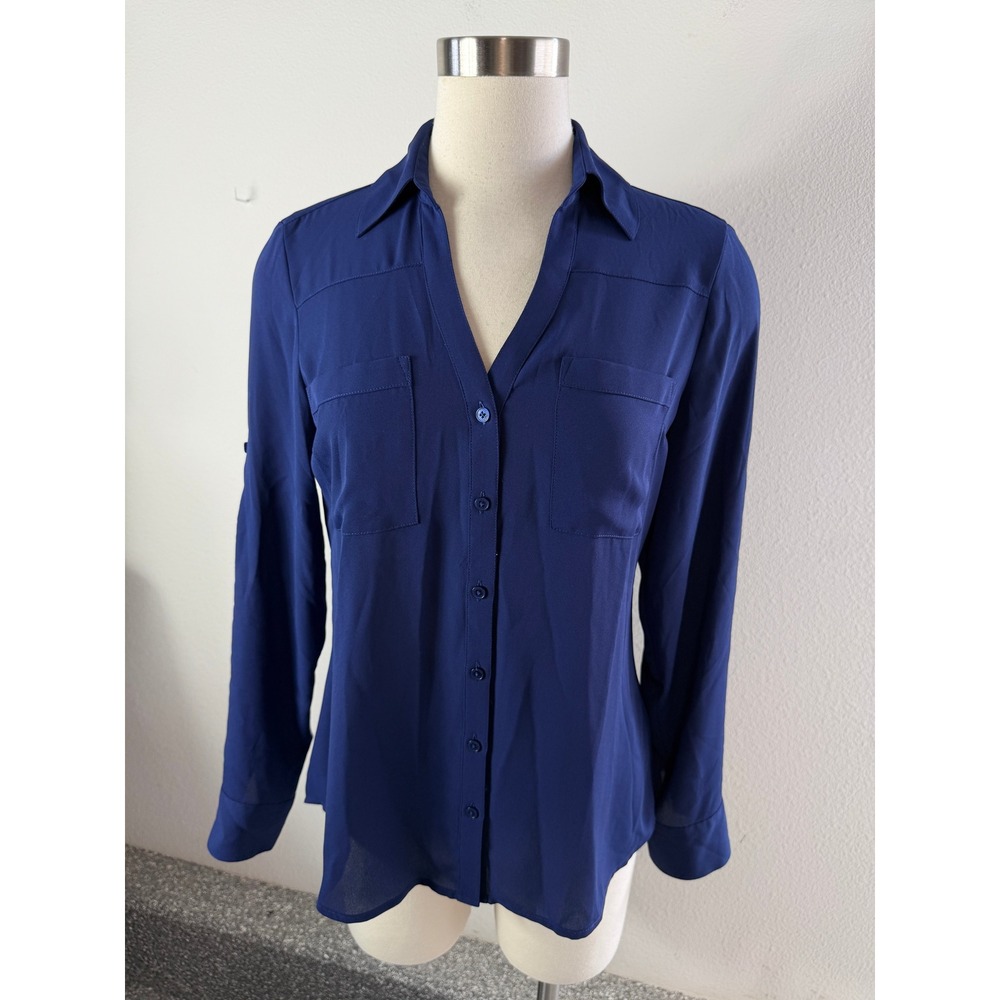 Express Portofino Shirt Womens Small Blue Button Up Roll Tab Sleeve Blouse
